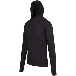 A black men's/unisex hoodie T-shirt with a drawstring hood and long sleeves, featuring a logo on the front.