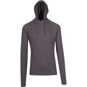 A grey unisex hoodie featuring long sleeves and a hood. It has a simple design with a logo branding.