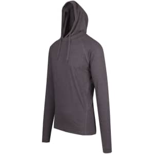 A grey unisex hoodie with a hood and long sleeves, featuring a logo on the front.