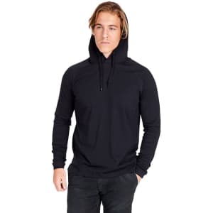 A black unisex fusion T-shirt hoodie with a relaxed fit and drawstring hood. Features a branding logo.