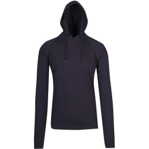 A black men's/unisex hoodie with a front kangaroo pocket and a hood. Features long sleeves and a fitted design.