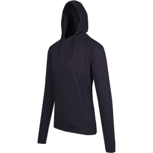 A black unisex FUSION T-shirt hoodie featuring a drawstring hood and long sleeves. It has a logo on the front.
