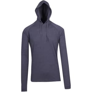 A grey unisex FUSION T-shirt hoodie with a hood and long sleeves. Features raglan sleeves and a logo.