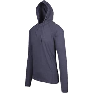 A grey men's/unisex hoodie with a hood and long sleeves, featuring a discreet logo.