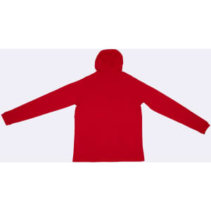 A red unisex hoodie with a hood and long sleeves, featuring a simple design and a branding logo.