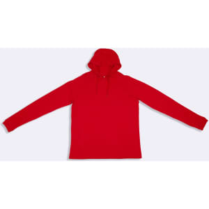 A red unisex hoodie with a hood and long sleeves, featuring a logo.