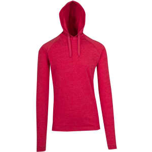 A red unisex hoodie with a drawstring hood and long sleeves. It features a logo on the front.