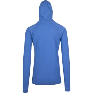 A blue unisex hoodie with long sleeves and a fitted hood, featuring a logo on the back.