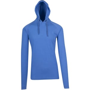 A blue men's/unisex hoodie with a drawstring hood and long sleeves. It features a logo.
