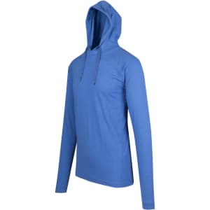 A blue men's/unisex FUSION T-shirt hoodie with a kangaroo pocket and a hood, featuring a logo on the chest.