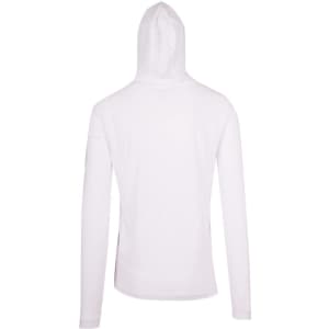 A white unisex FUSION T-shirt hoodie featuring a full hood and long sleeves, with a logo on the sleeve.