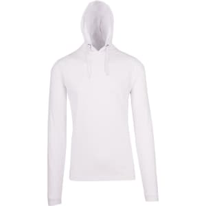 A white unisex FUSION T-shirt hoodie with a drawstring hood and long sleeves. Features a logo on the front.