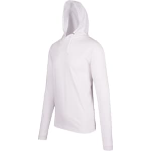 A white unisex hoodie with a drawstring hood, featuring long sleeves and a logo on the front.