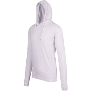A light grey unisex FUSION T-shirt hoodie with long sleeves and a drawstring hood, featuring a logo.