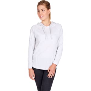A light grey women's hoodie with a front pouch and drawstring hood, featuring a casual fit and long sleeves.
