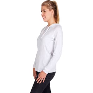 A light grey women's fusion T-shirt hoodie with a front pocket and a logo on the chest.