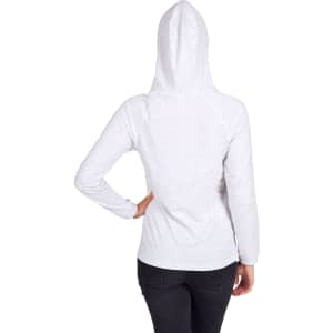 A grey women's fusion T-shirt hoodie with a hood, featuring a fitted design and long sleeves.
