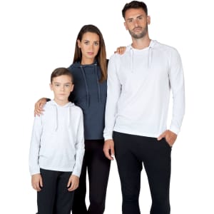 A group of three people wearing women's fusion T-shirt hoodies in navy and white, featuring a logo.