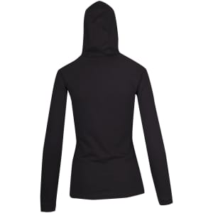 A black women's fusion T-shirt hoodie with a fitted design and a hood, featuring long sleeves.