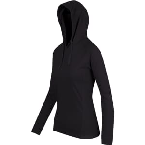 A black women's fusion T-shirt hoodie with long sleeves and a drawstring hood. It features a logo.