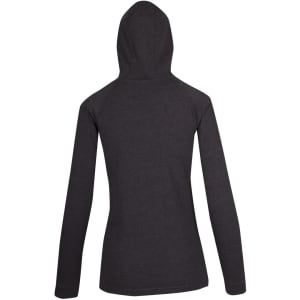 A women's hooded T-shirt in dark grey, featuring long sleeves and a stylish design. Includes a logo on the back.