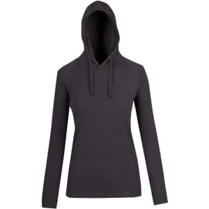 A women's fusion hoodie in dark grey with a hood and long sleeves, featuring a logo.