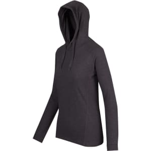 A dark grey women's fusion T-shirt hoodie with a relaxed fit and a hood, featuring long sleeves and a logo.