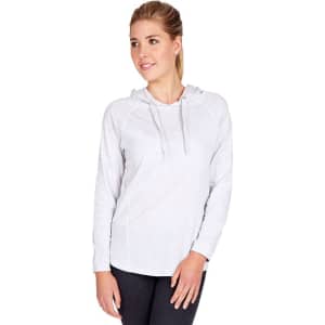 A light grey women's fusion T-shirt hoodie featuring a drawstring and long sleeves, with a small logo present.