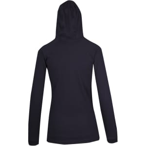 A women's black fusion T-shirt hoodie featuring a hood and long sleeves, with a simple design and a logo.