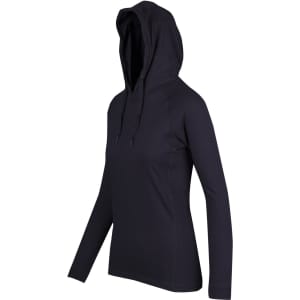 A women's fusion T-shirt hoodie in black, featuring a hood and long sleeves, with a logo.