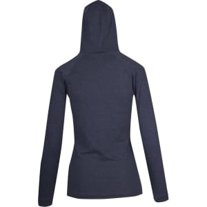 A women's fusion T-shirt hoodie in navy blue, featuring a fitted design and a hood, with a logo on the back.