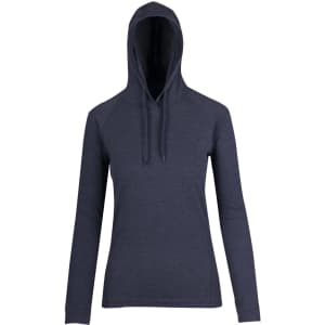 A navy women's fusion T-shirt hoodie with a front pocket and a hood. Features a logo on the front.