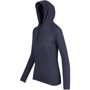 A women's fusion hoodie in navy blue with a front pocket and adjustable drawstring hood. Features a logo on the side.