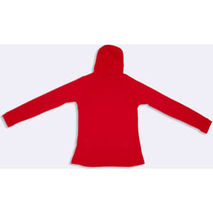 A red women's fusion T-shirt hoodie with long sleeves and a hood, featuring a logo.