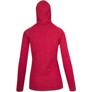 A red women's fusion T-shirt hoodie with a fitted design and long sleeves, featuring a hood at the back.