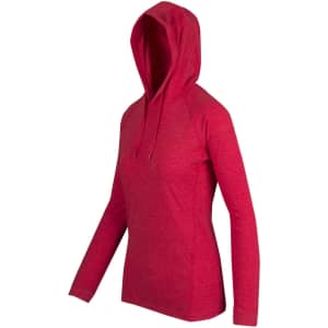 A red woman's hoodie with a hood and long sleeves, featuring a logo on the front.