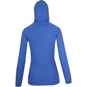 A blue women's fusion T-shirt hoodie featuring a stylish hood and long sleeves, with a branding logo.