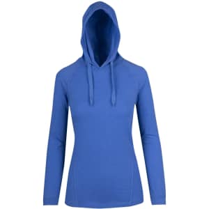 A women's hoodie in a vibrant blue colour featuring a hood and long sleeves, with a logo on the front.