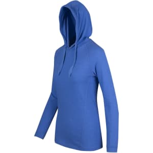 A blue women's fusion T-shirt hoodie with a drawstring hood and long sleeves. It features a simple design and a logo.