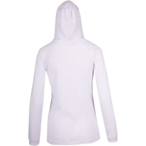 A white women's fusion T-shirt hoodie featuring a hood and long sleeves, displayed from the back.