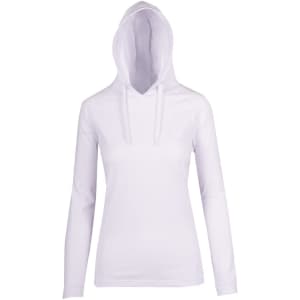 A white women's fusion T-shirt hoodie with a drawstring hood and long sleeves. It features a logo on the front.
