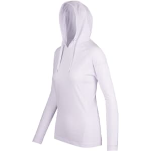 A white women's fusion T-shirt hoodie with a hood and long sleeves, featuring a logo.