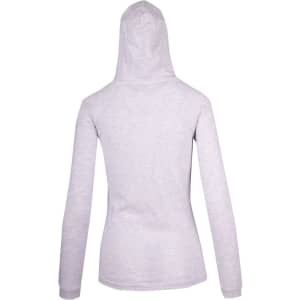 A light grey women's fusion T-shirt hoodie with a fitted design and a hood, featuring a branding logo.