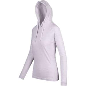 A women's fusion hoodie in light grey with a front kangaroo pocket and a drawstring hood. Features branding.