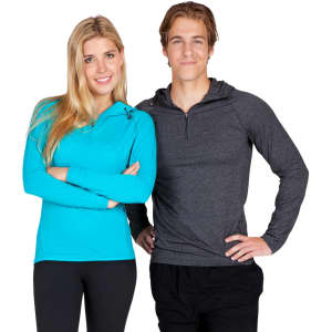 A man in a grey half-hood top and a woman in a blue half-hood top, both smiling and posing together.