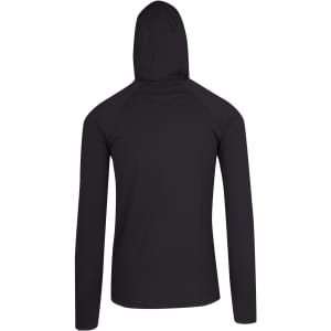 A black hooded jumper with long sleeves, featuring a simple design and a logo.