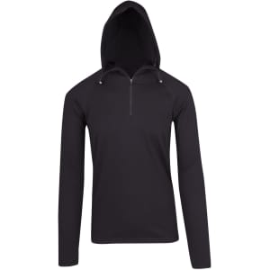 A black half-hood top for men with long sleeves and a zippered front, featuring an attached hood and a logo.