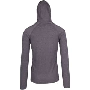 A men's half-hood top in dark grey, featuring long sleeves and a hood, with a logo on the back.