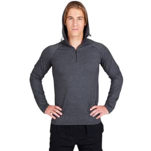 A men's half-hood top in dark grey with a zip closure and long sleeves. Features a logo on the garment.