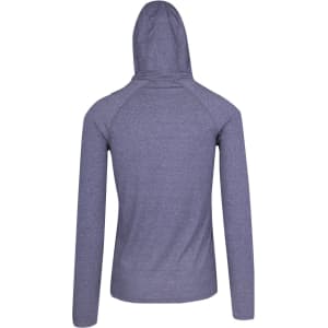 A grey half-hood top featuring long sleeves and a hood, with a branding logo on the back.